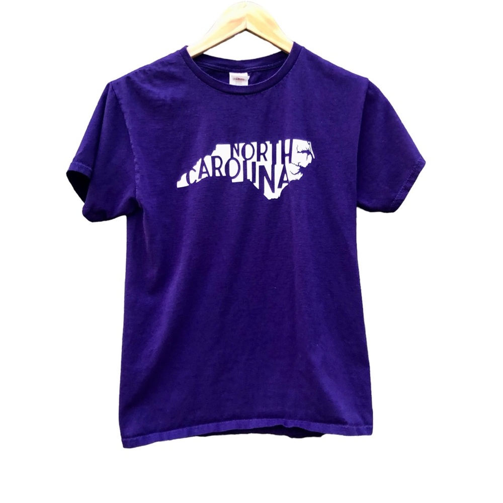 NC North Carolina Graphic Tee Shirt Purple White Letters Sz. Small